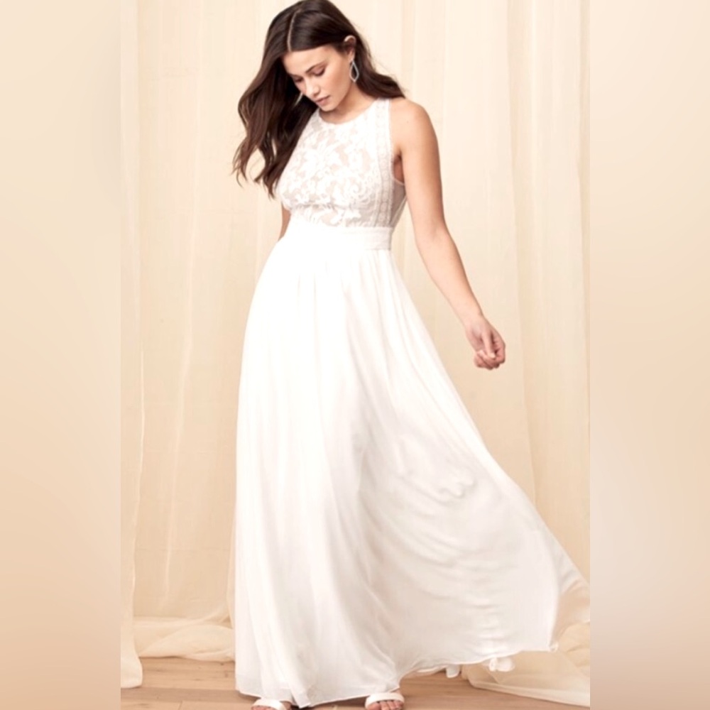 Lulu’s Sleeveless Forever and Always White Lace Maxi Dress